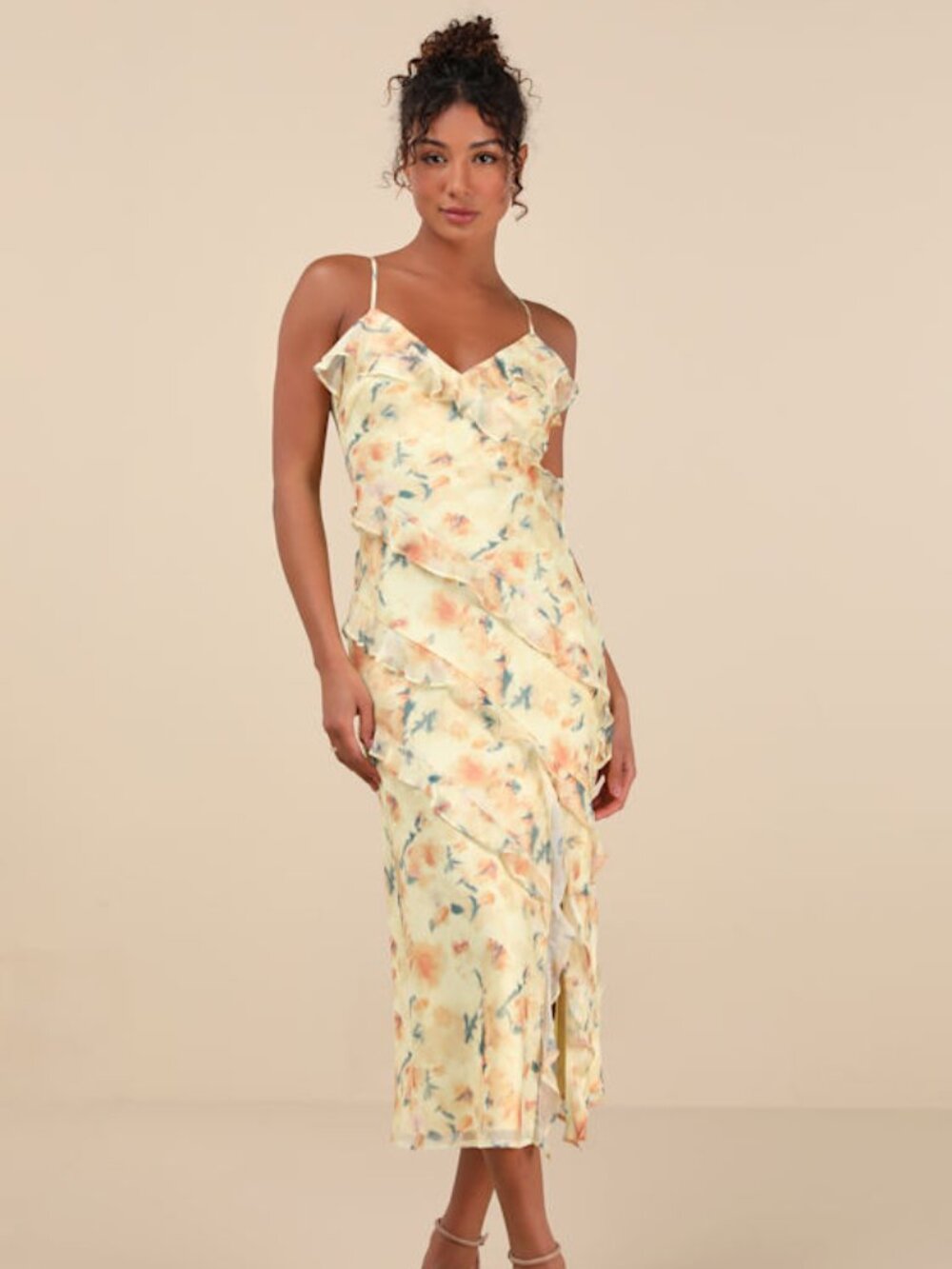Lulus Dreamy Personality Yellow Floral Ruffled Sleeveless Midi Dress - Size M